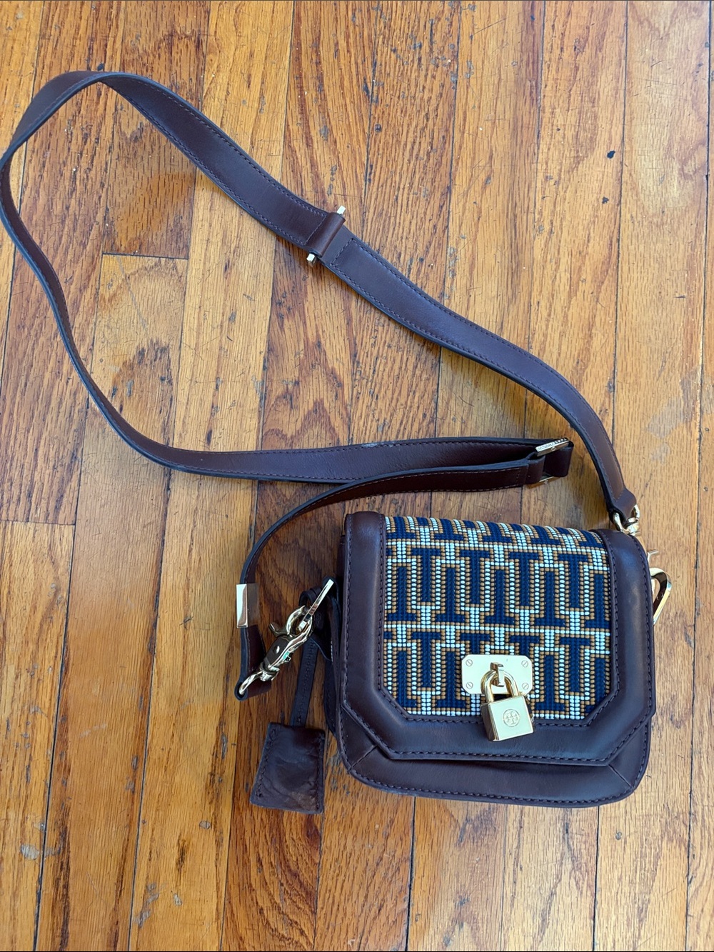 Tory Burch Brown Leather Crossbody with Navy & Cream Woven Front